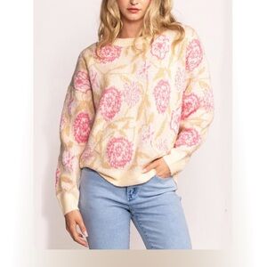 Pink Martini Floral Knit Sweater - Cream and Pink